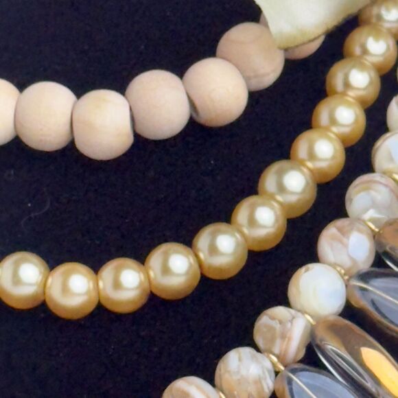 Lenora Dame Statement Necklace 3-Strand Wood Glass Stone Faux Pearl Beads - Picture 3 of 13